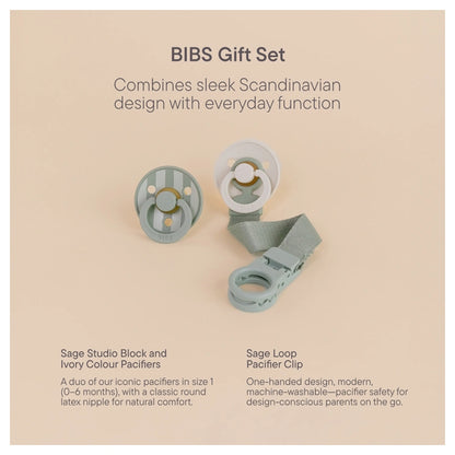 BIBS Colour Pacifier & Loop Clip Gift Set Latex Size 1 (Sage)