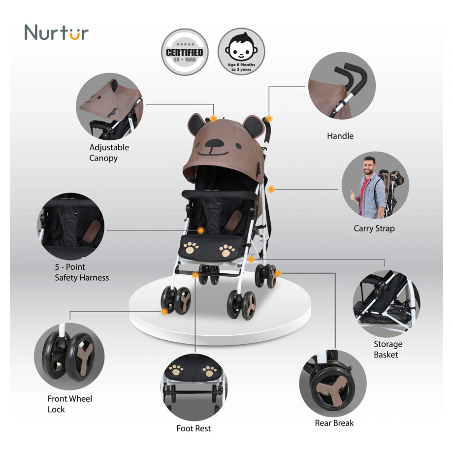 Nurtur Luca Character Stroller with Shoulder Strap & Basket (Brown)