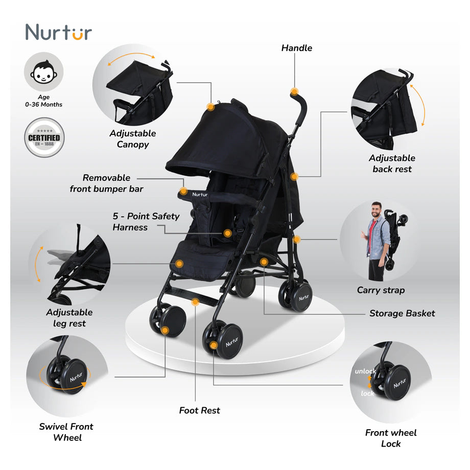 Nurtur Archer Compact Lightweight Travel Stroller with Basket (Black)