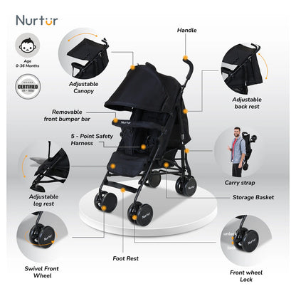 Nurtur Archer Compact Lightweight Travel Stroller with Basket (Black)
