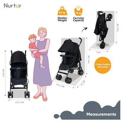 Nurtur Archer Compact Lightweight Travel Stroller with Basket (Black)