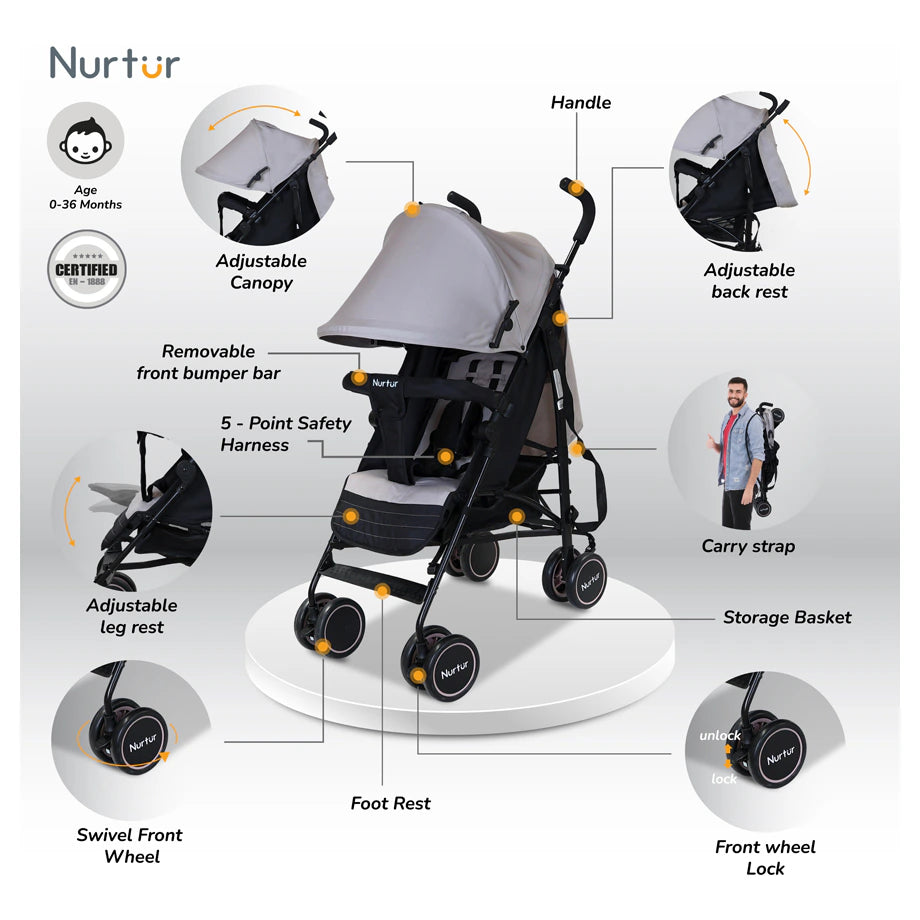 Nurtur Archer Compact Lightweight Travel Stroller with Basket (Grey)