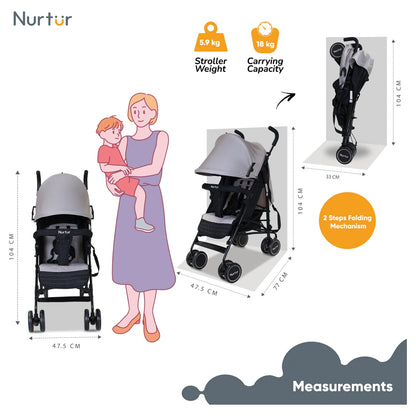 Nurtur Archer Compact Lightweight Travel Stroller with Basket (Grey)