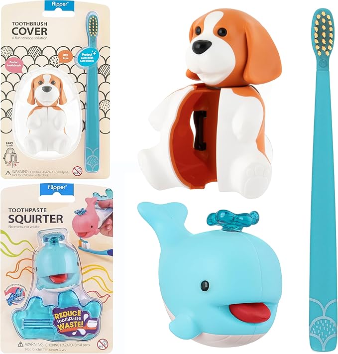 Flipper Oral Hygiene Set - Toothbrush & Toothbrush Cover Fun Animal Combo Pack/Beagle + Toothpaste Squirter Whale/Bluey