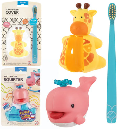 Flipper Oral Hygiene Set - Toothbrush & Toothbrush Cover Fun Animal Combo Pack/Giraffe + Toothpaste Squirter Whale/Pinki