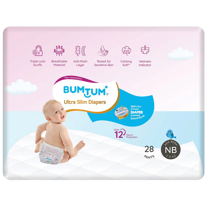 Bumtum UltraSlim Baby Pant Style Diapers NewBorn - Pack of 28