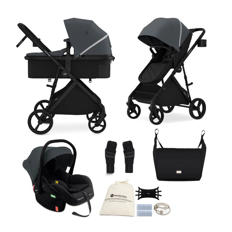 Neobreez Hexa 3X Pram Baby Toddler Stroller with Car Seat (Grey-Black)