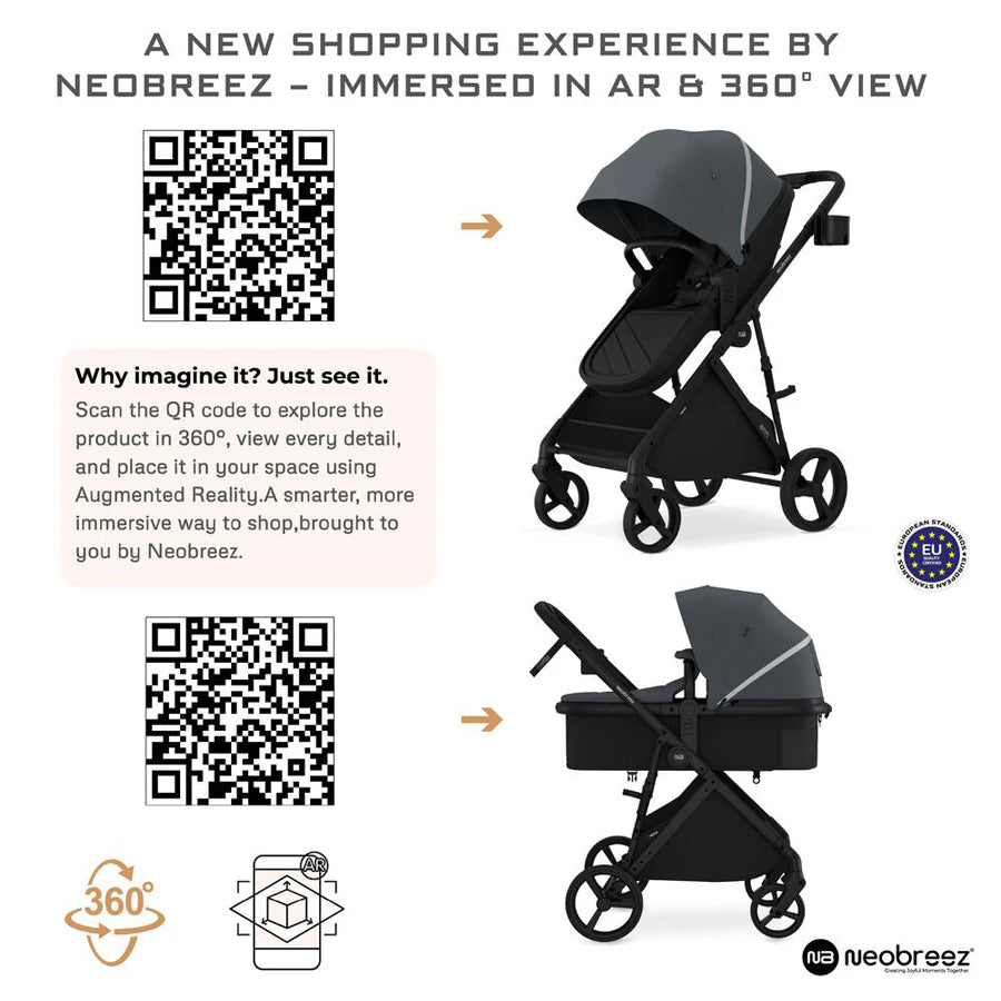 Neobreez Hexa 3X Pram Baby Toddler Stroller with Car Seat (Grey-Black)
