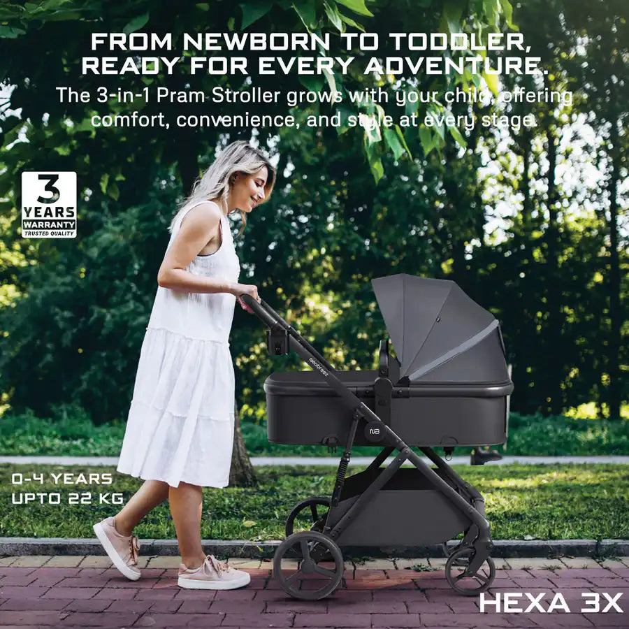 Neobreez Hexa 3X Pram Baby Toddler Stroller with Car Seat (Grey-Black)