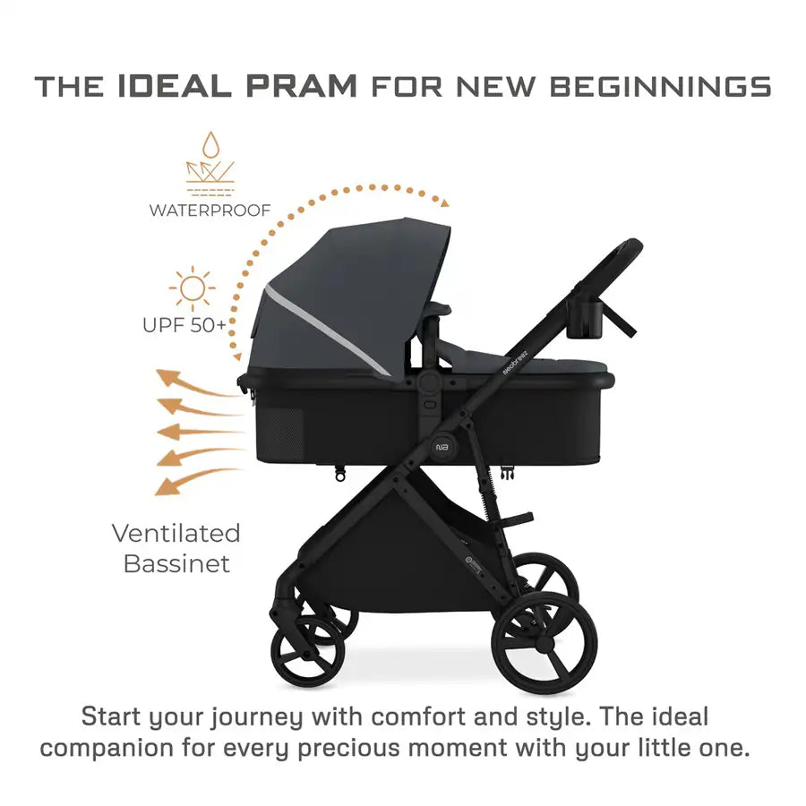 Neobreez Hexa 3X Pram Baby Toddler Stroller with Car Seat (Grey-Black)