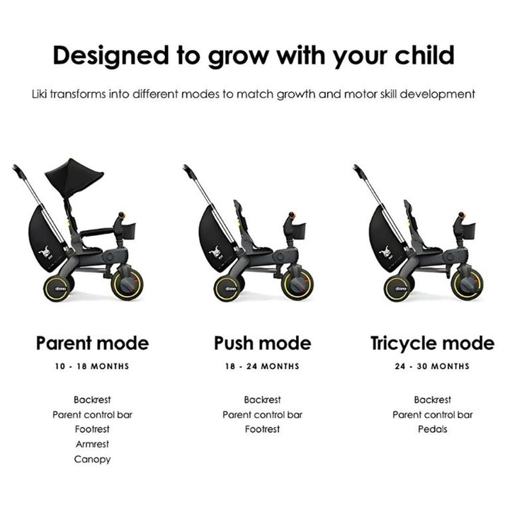Doona Liki Trike S5 – Tricycle Pliant Compact 4-en-1 Pour Enfant De 10 Mois à 3 Ans – Nitro Black