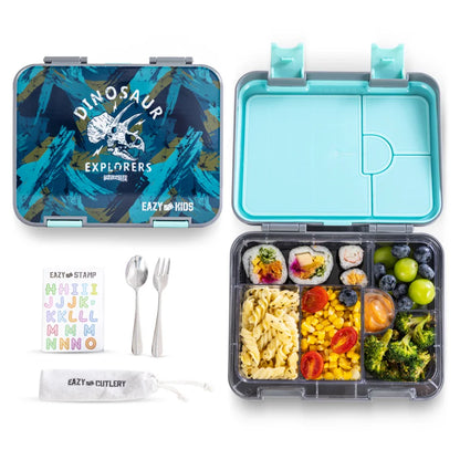 Eazy Kids 6 & 4 Convertible Bento Lunch Box w/Steel Spoon & Fork Set and Alphabets Sticker (T-Rex Grey)