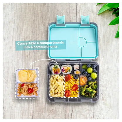 Eazy Kids 6 & 4 Convertible Bento Lunch Box w/Steel Spoon & Fork Set and Alphabets Sticker (T-Rex Grey)