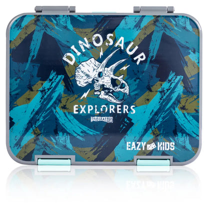 Eazy Kids 6 & 4 Convertible Bento Lunch Box w/Steel Spoon & Fork Set and Alphabets Sticker (T-Rex Grey)