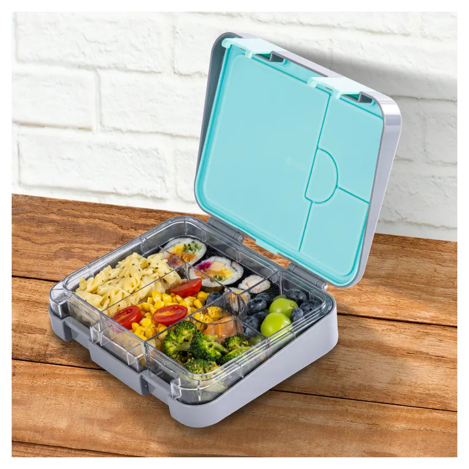 Eazy Kids 6 & 4 Convertible Bento Lunch Box w/Steel Spoon & Fork Set and Alphabets Sticker (T-Rex Grey)