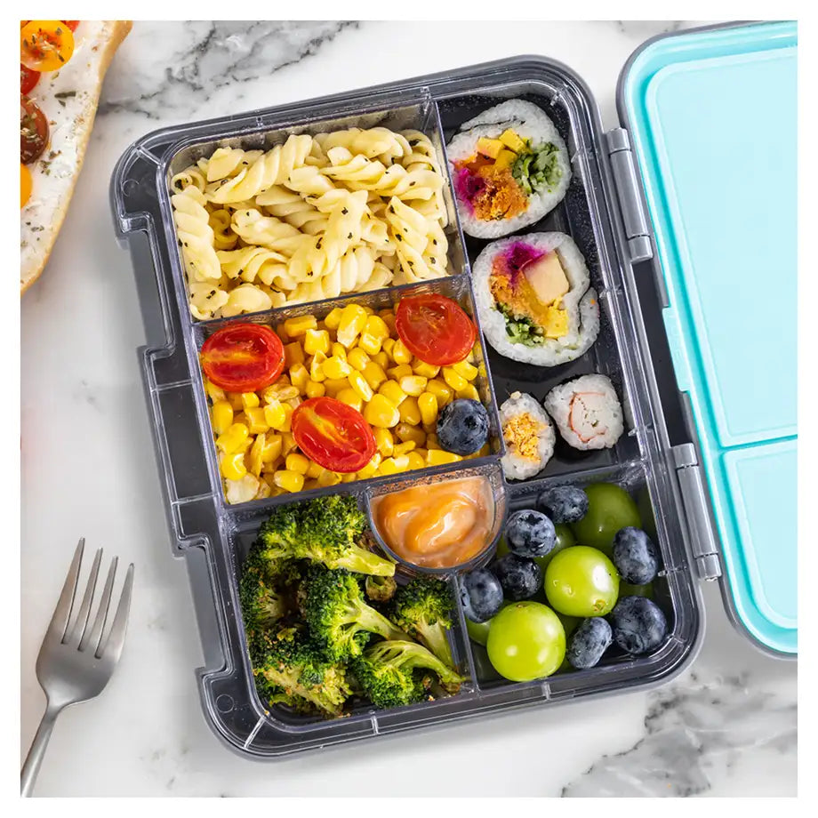 Eazy Kids 6 & 4 Convertible Bento Lunch Box w/Steel Spoon & Fork Set and Alphabets Sticker (T-Rex Grey)