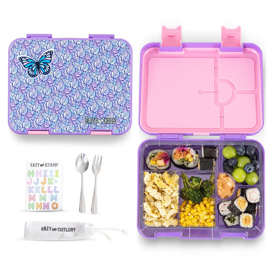 Eazy Kids 6 & 4 Convertible Bento Lunch Box w/Steel Spoon & Fork Set and Alphabets Sticker (Butterfly Purple)