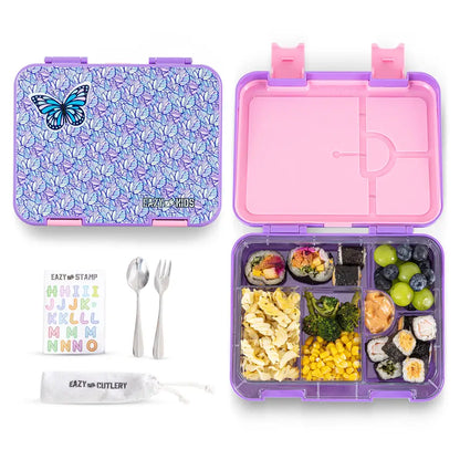 Eazy Kids 6 & 4 Convertible Bento Lunch Box w/Steel Spoon & Fork Set and Alphabets Sticker (Butterfly Purple)
