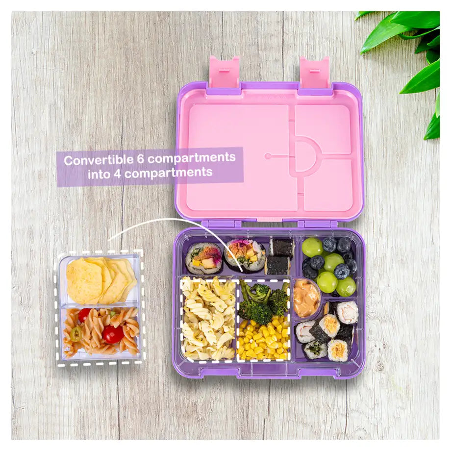 Eazy Kids 6 & 4 Convertible Bento Lunch Box w/Steel Spoon & Fork Set and Alphabets Sticker (Butterfly Purple)