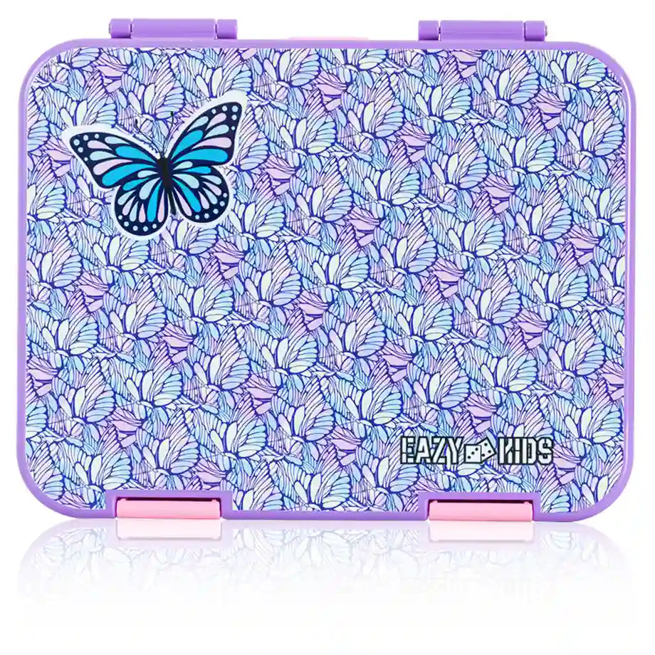Eazy Kids 6 & 4 Convertible Bento Lunch Box w/Steel Spoon & Fork Set and Alphabets Sticker (Butterfly Purple)