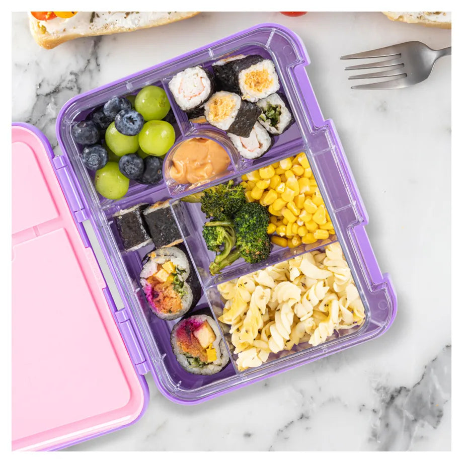 Eazy Kids 6 & 4 Convertible Bento Lunch Box w/Steel Spoon & Fork Set and Alphabets Sticker (Butterfly Purple)