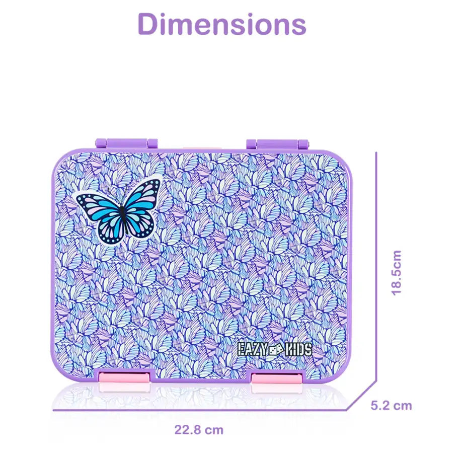 Eazy Kids 6 & 4 Convertible Bento Lunch Box w/Steel Spoon & Fork Set and Alphabets Sticker (Butterfly Purple)