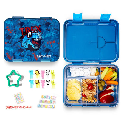 Eazy Kids 6 & 4 Convertible Bento Lunch Box with Sandwich Cutter Set (T-Rex Blue)
