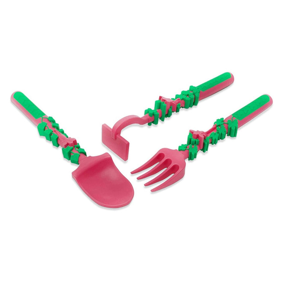 Eazy Kids Spoon, Fork & Pusher Gardening 3Pcs (Pink)