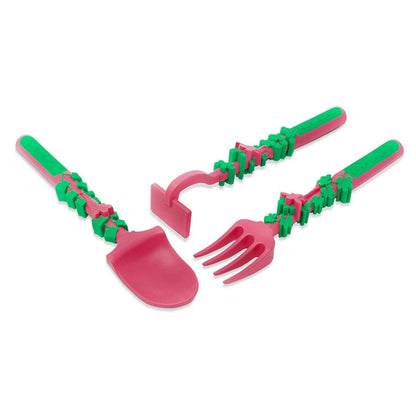 Eazy Kids Spoon, Fork & Pusher Gardening 3Pcs (Pink)