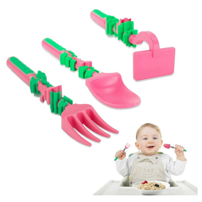 Eazy Kids Spoon, Fork & Pusher Gardening 3Pcs (Pink)
