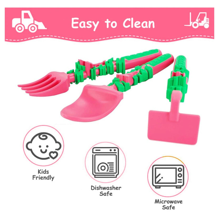 Eazy Kids Spoon, Fork & Pusher Gardening 3Pcs (Pink)