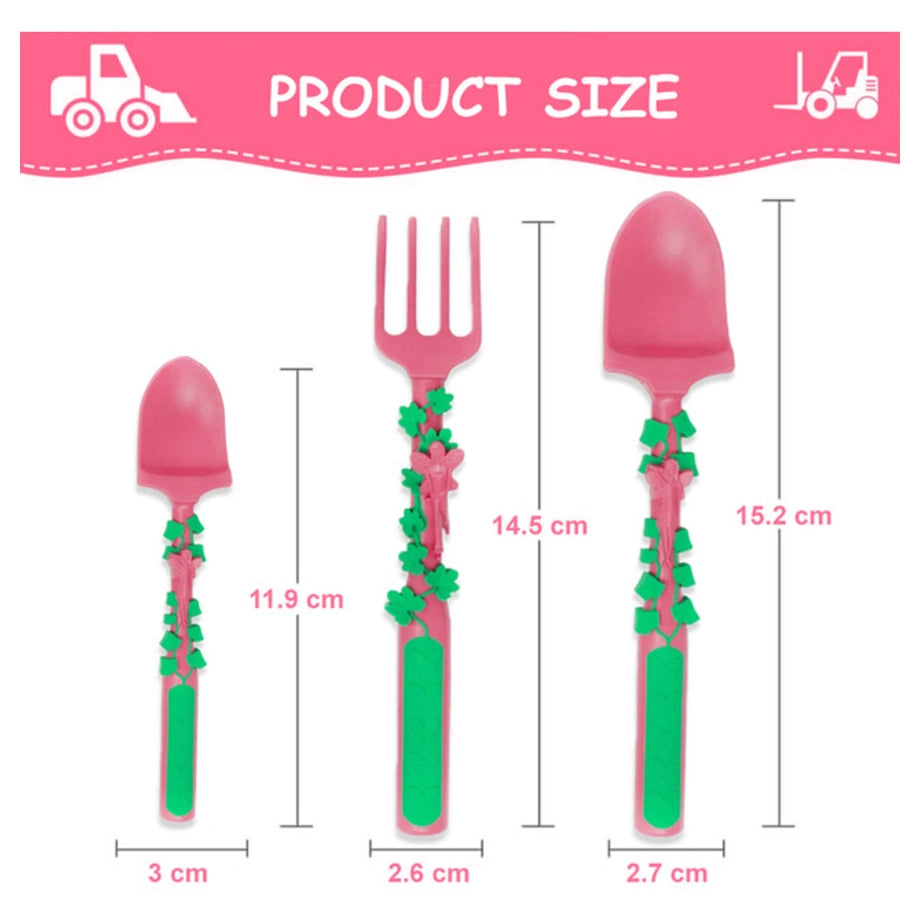 Eazy Kids Spoon, Fork & Pusher Gardening 3Pcs (Pink)
