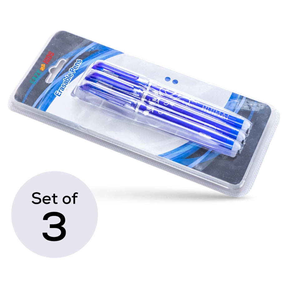 Eazy Kids Pack of 3 Blue Erasable Gel Pens Smooth-Flow, Quick-Drying, Erasable Ink