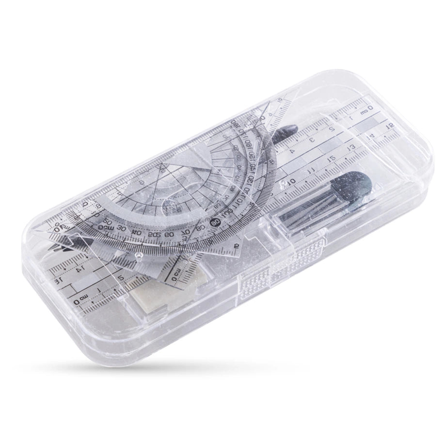 Eazy Kids 7-Piece Geometry Set in Clear Plastic Case Ruler, Protractor, Compass, Eraser
