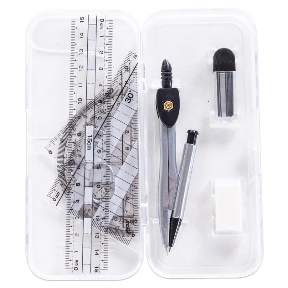 Eazy Kids 7-Piece Geometry Set in Clear Plastic Case Ruler, Protractor, Compass, Eraser
