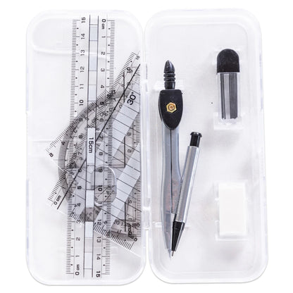 Eazy Kids 7-Piece Geometry Set in Clear Plastic Case Ruler, Protractor, Compass, Eraser
