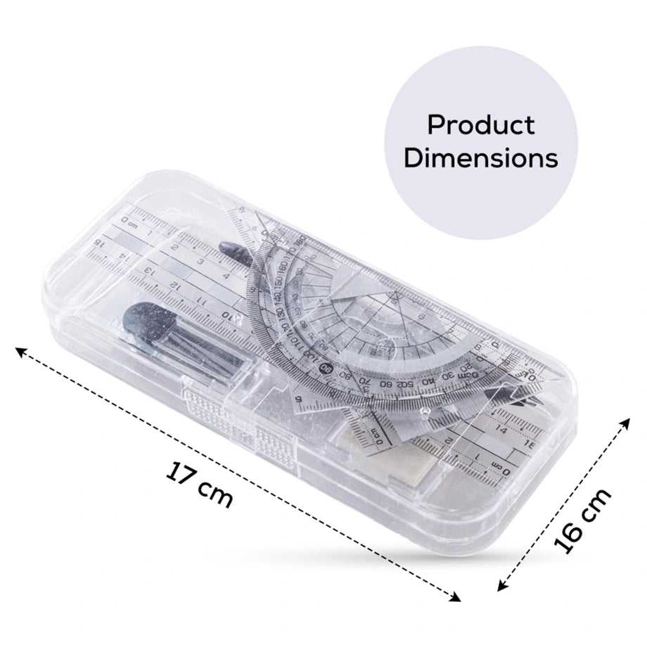 Eazy Kids 7-Piece Geometry Set in Clear Plastic Case Ruler, Protractor, Compass, Eraser