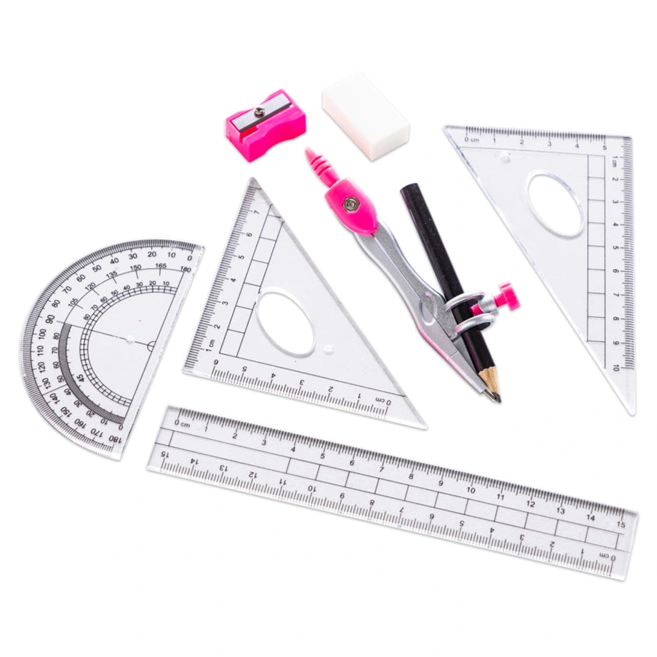 Eazy Kids 8-Piece Geometry Box Set Compass, Ruler, Protractor (Pink)