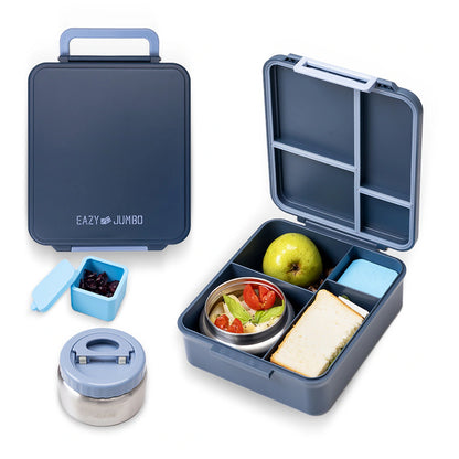 Eazy Kids Jumbo Bento Lunch Box w/ Thermos & Sauce Jar (Grey)
