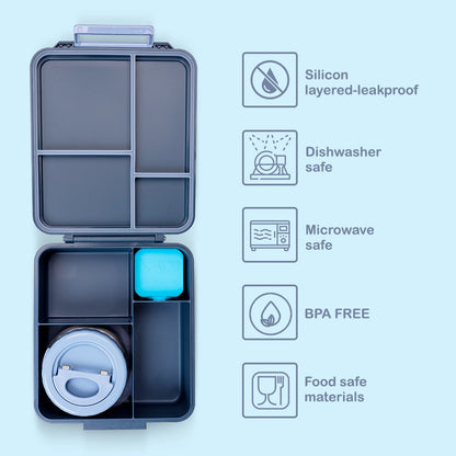 Eazy Kids Jumbo Bento Lunch Box w/ Thermos & Sauce Jar (Grey)