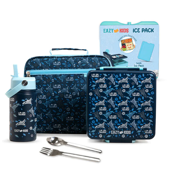 Eazy Kids Jumbo Bento Lunch Box Set With Insulated Lunch Bag (Blue)