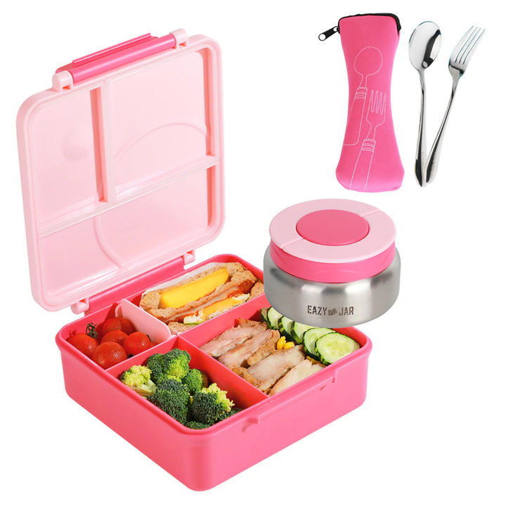 Eazy Kids 3/4 Jumbo Lunch Box With Bowl Spoon And Fork (Pink)