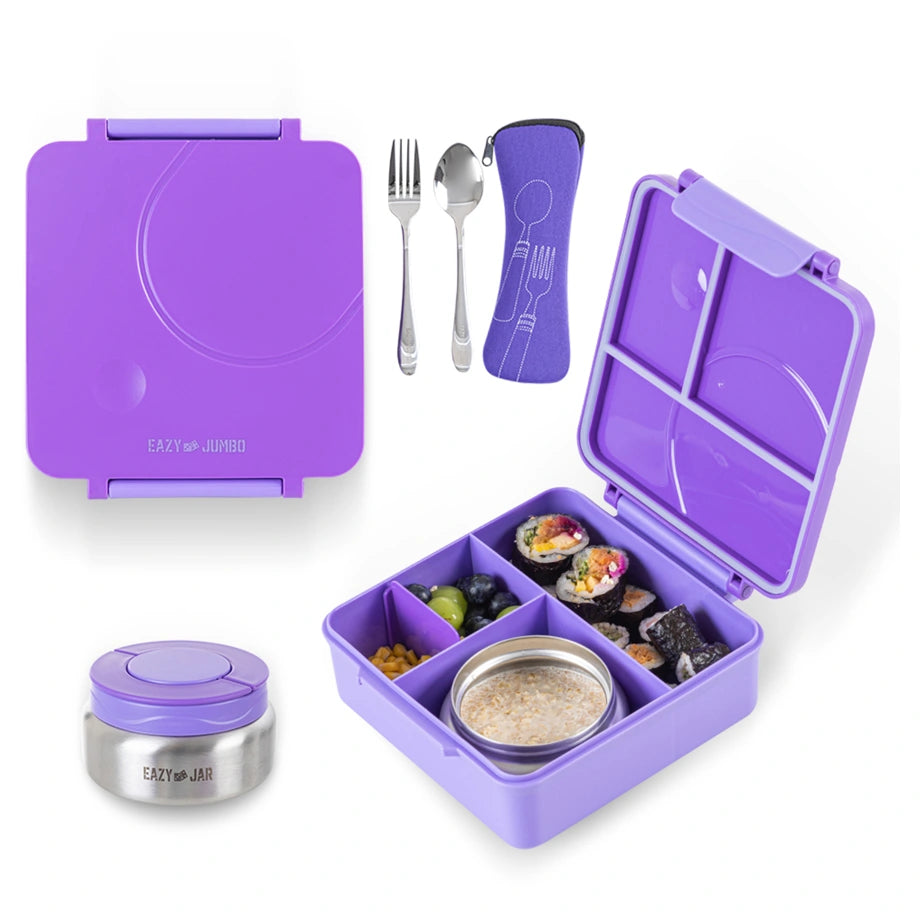 Eazy Kids Jumbo Bento Lunch Box Set w/Steel Food Jar, Ice Pack & Insulated Lunch Bag (Purple)