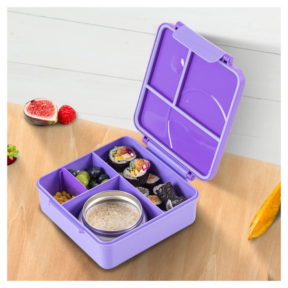 Eazy Kids Jumbo Bento Lunch Box Set w/Steel Food Jar, Ice Pack & Insulated Lunch Bag (Purple)