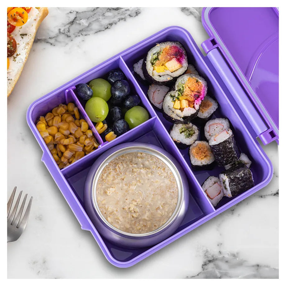 Eazy Kids Jumbo Bento Lunch Box Set w/Steel Food Jar, Ice Pack & Insulated Lunch Bag (Purple)