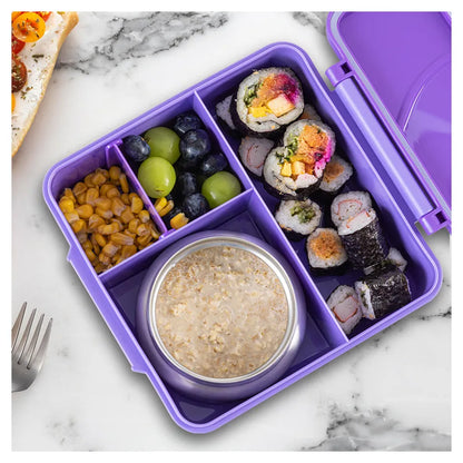 Eazy Kids Jumbo Bento Lunch Box Set w/Steel Food Jar, Ice Pack & Insulated Lunch Bag (Purple)