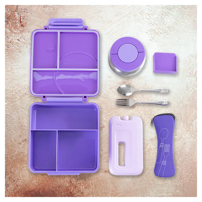 Eazy Kids Jumbo Bento Lunch Box Set w/Steel Food Jar, Ice Pack & Insulated Lunch Bag (Purple)