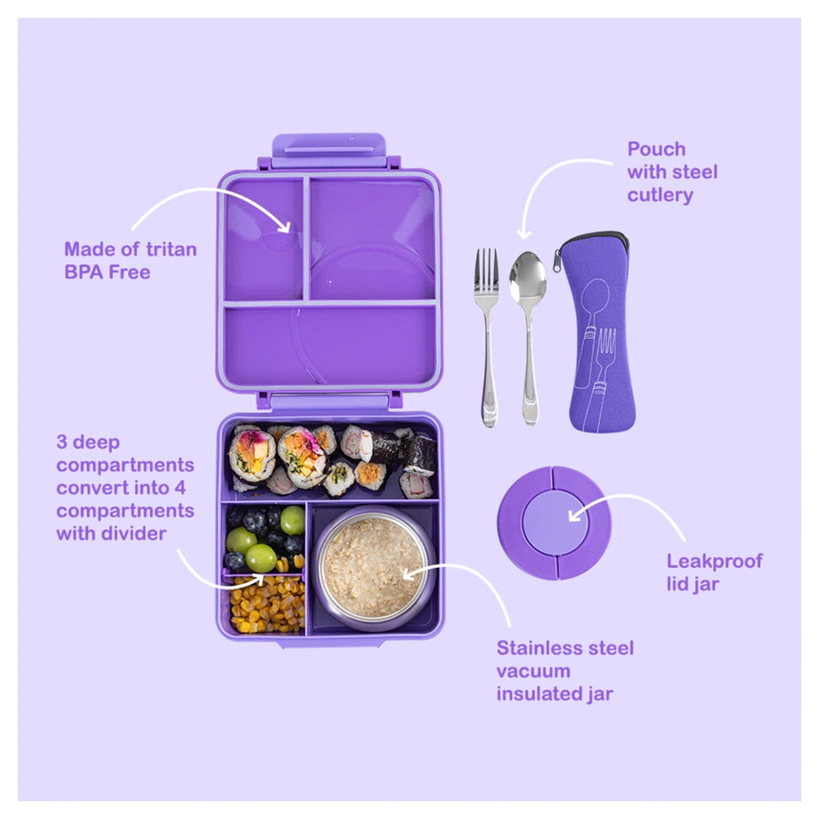 Eazy Kids Jumbo Bento Lunch Box Set w/Steel Food Jar, Ice Pack & Insulated Lunch Bag (Purple)