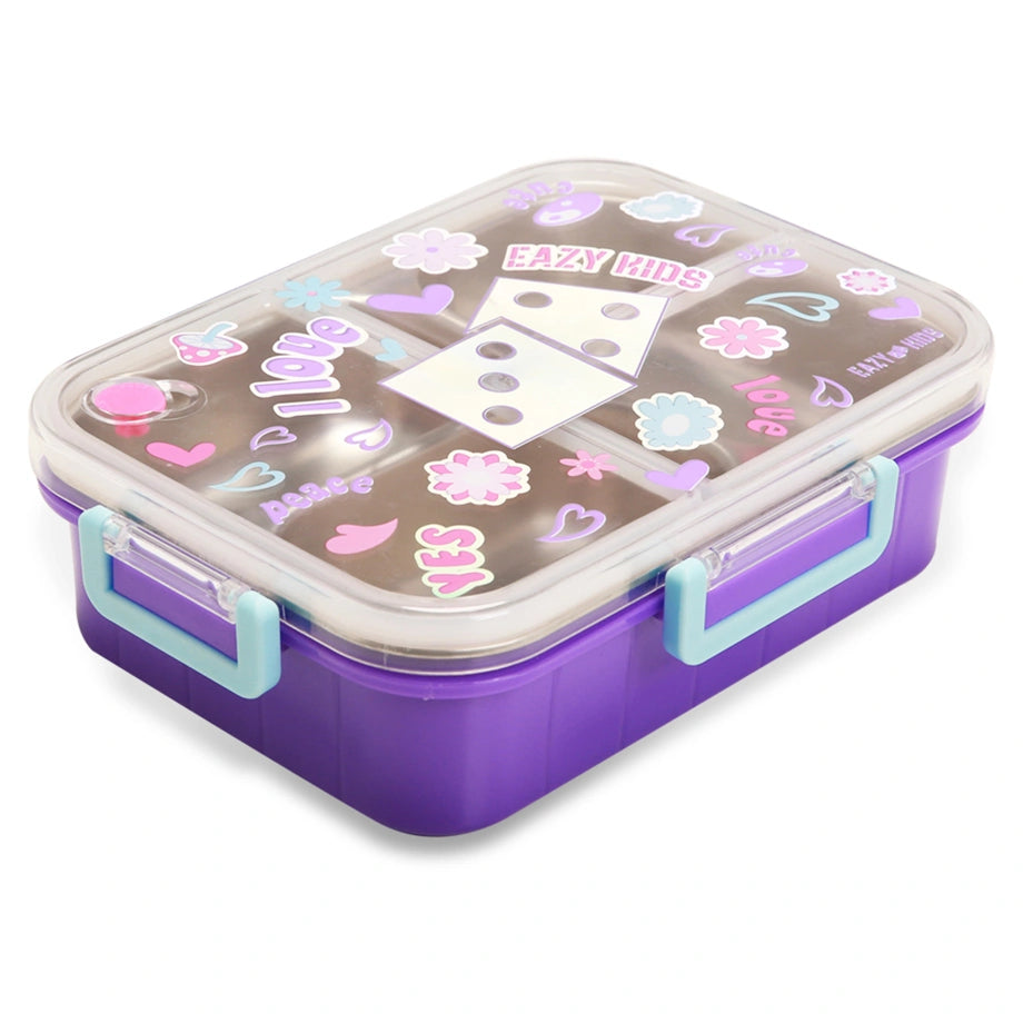 Eazy Kids 3 Compartment Stainless Steel bento Lunch Box 800ml (Floral Purple)