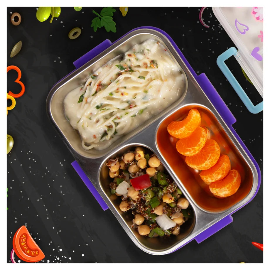 Eazy Kids 3 Compartment Stainless Steel bento Lunch Box 800ml (Floral Purple)